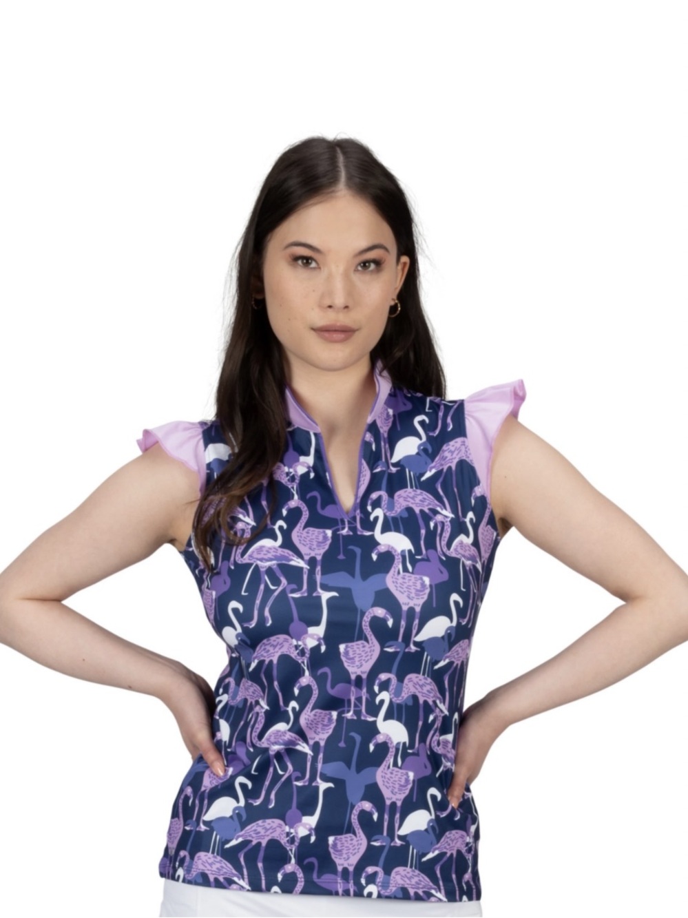 Nancy Lopez Flamingo Golf Top NWT 2X Navy Lilac Moisture Wick Delux Dri